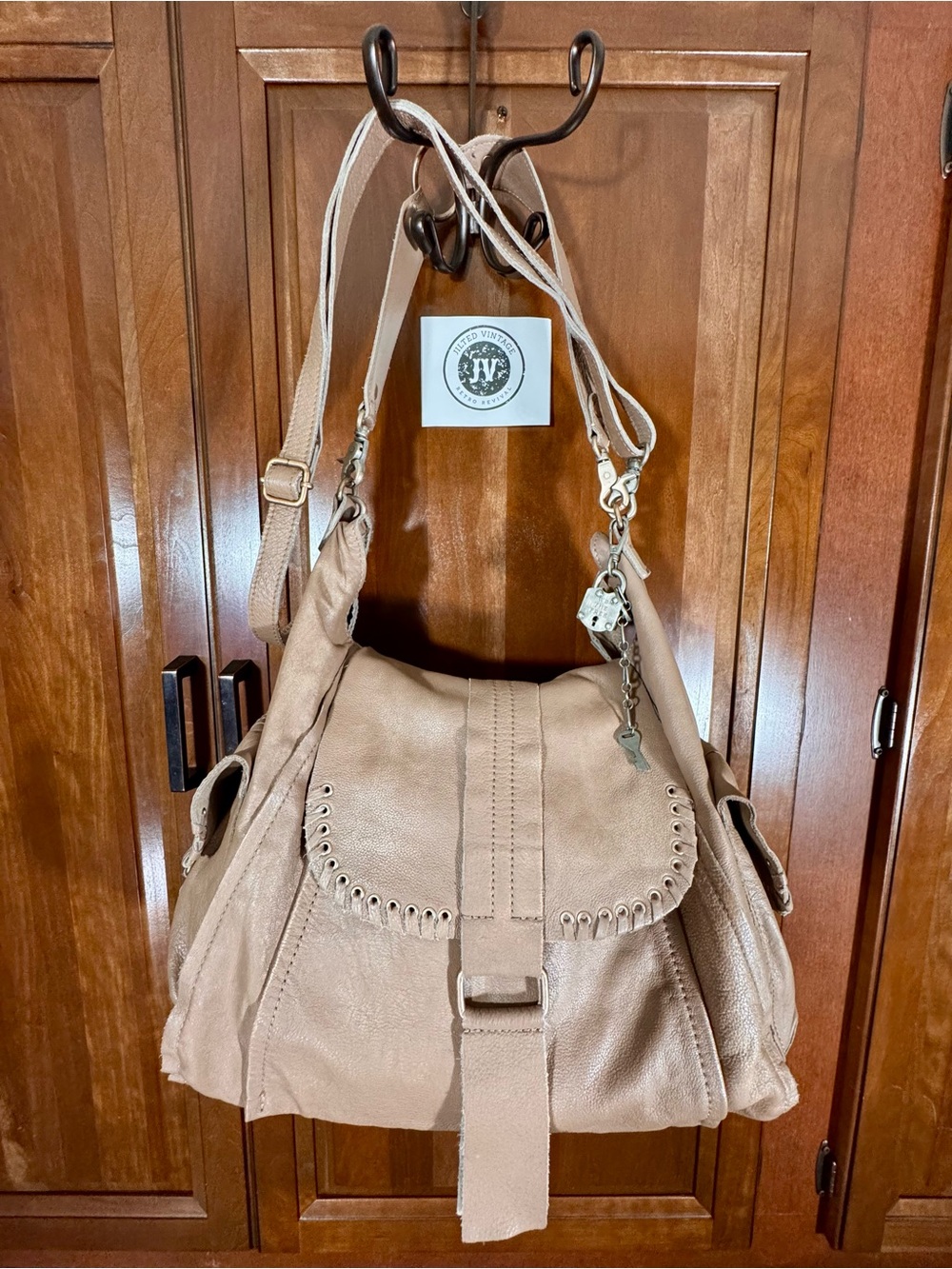 Free People Leigh Distressed Leather Tote Crossbody Shoulder Bag Saddle NWOT